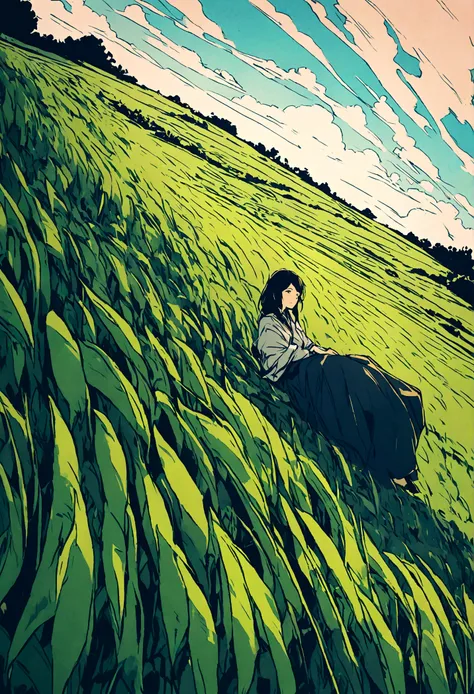 Illustration of a rich woman sitting and looking at a rice field. Wide angle.