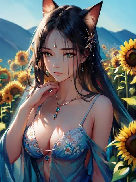 anime стиль, very good illustration, high detail, dynamic angle, excellent detail, 8K, summer day, Field of sunflowers, sunny day. BREAK Woman standing motionless., captivated by the beautiful scene, watching the sunflowers bloom. The look on her face says...