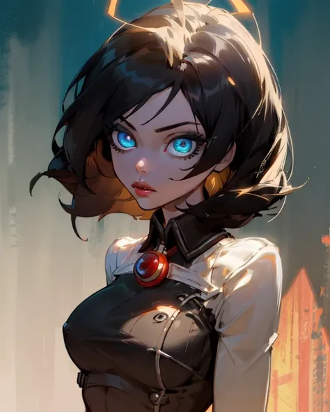 (Detailed Lights, Detailed Shadows), 1Woman, black Hair, (Elizabeth), Bioshock infinite, , White blouse, ((Detailed Eyes)), upper body view, black Eyetremely Detailed Clotheodern Clotheeautiful Hair, Muscular, glowing blue eyes, puffy lips, large breasts, ...