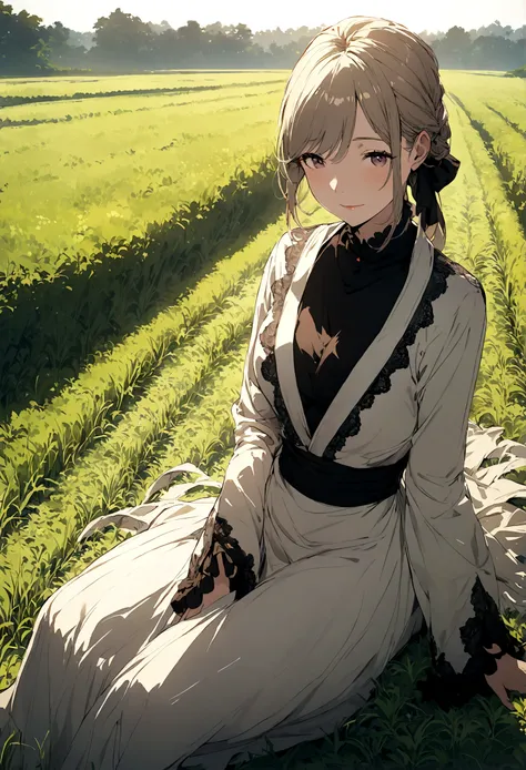 Illustration of a rich woman sitting and looking at a rice field. Wide angle.