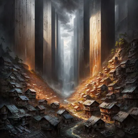 a painting of a city with a waterfall and a lot of buildings, symmetrical epic fantasy art, surreal concept art, stefan koidl inspired, inspired by Grzegorz Domaradzki, dystopian digital art, bussiere rutkowski andreas rocha, dramatic artwork, dystopian sl...