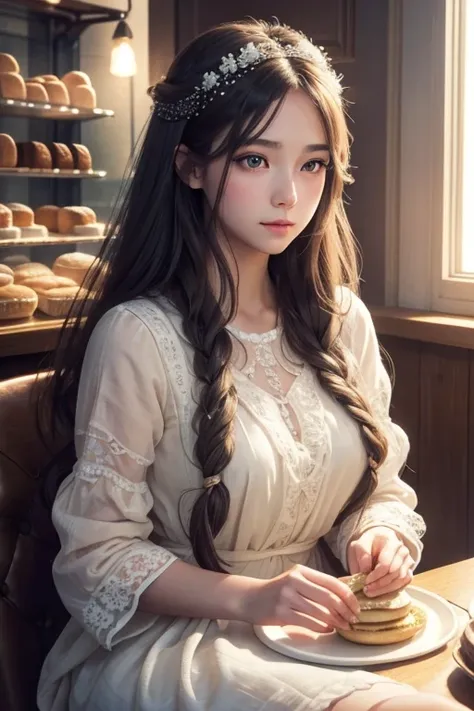 a delicate girl with long hair, beautiful detailed eyes, beautiful detailed lips, extremely detailed face, longeyelashes, sitting in a cozy bakery, surrounded by fresh baked milk buns, warm lighting, soft pastel colors, intricate details, photorealistic, 8...