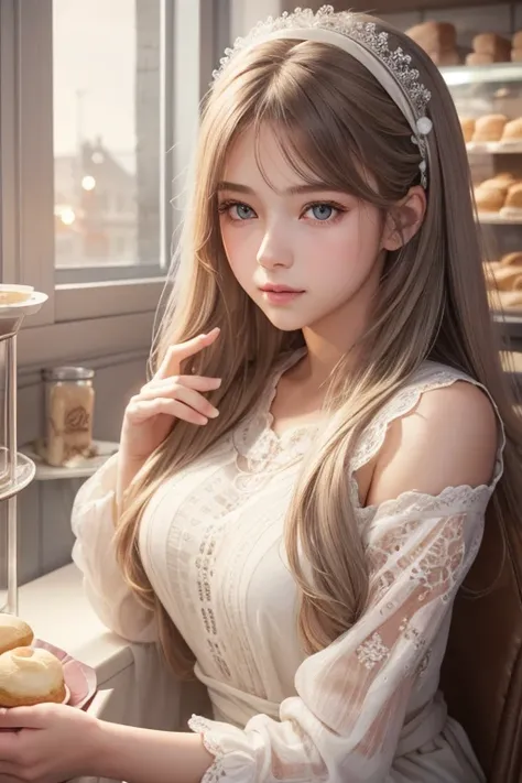 a delicate girl with long hair, beautiful detailed eyes, beautiful detailed lips, extremely detailed face, longeyelashes, sitting in a cozy bakery, surrounded by fresh baked milk buns, warm lighting, soft pastel colors, intricate details, photorealistic, 8...