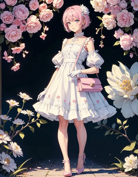 A cute illustration of an anime girl in white dress and black shoes walking towards us, holding a small handbag with roses pattern on the front cover page. The background is blue striped wallpaper with pastel pink flowers and large floral patterns scattere...