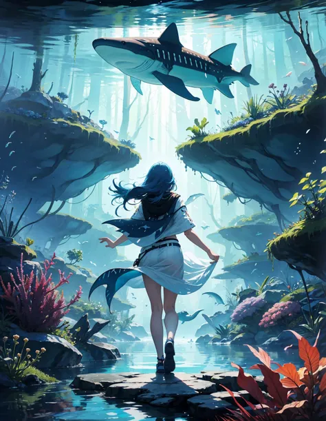 A girl is walking on the path in an underwater forest, with colorful plants and trees growing around her. A huge whale shark swims in the style of from behind, while another ship floats nearby. The scene exudes a sense of adventure and exploration, rendere...