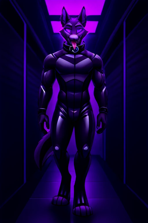 Vortex hellhound standing, tongue out, using a gray latex suit, and a black techno collar, hypnotized with glowing purple eyes without iris or pupils, tongue out, full body image, walking in laboratory hallway background