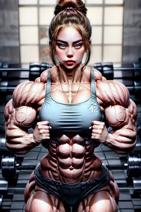 (2 girls body builders:1.6), ((masterpiece)), best quality, ultra-detailed:1.7, finely detail, high resolution:1.6, perfect dynamic composition, beautiful detailed faces:1.77, blonde babes:1.88, perfect red lipstick, perfect makeup:1.8, short denim bikini ...