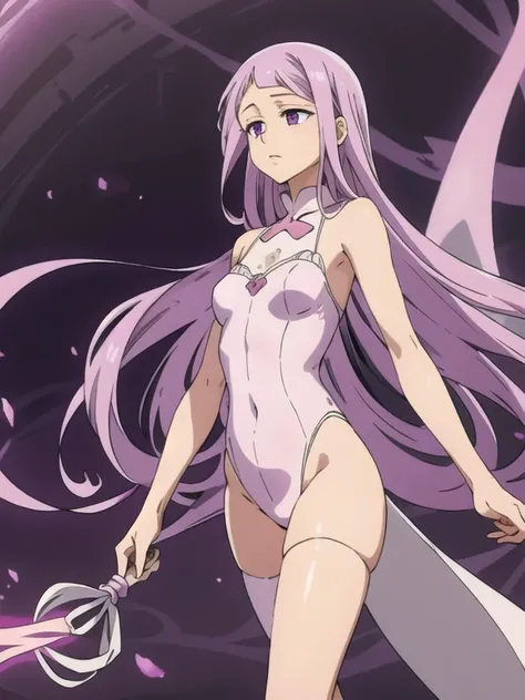 Long lavender hair flowing, eyes with a peaceful expression, light skin, white outfit, pink ribbon on the chest, surrounded by a purple abstract swirl, purple dark eyes, standing, ocean