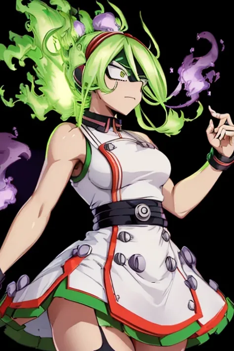 (burnin moe kamiji)/,(Character from the Boku no hero academia series)/,(wearing)/,+,(a white sleeveless dress, which is fitted at the waist and flares out slightly towards the skirt. The dress has a high collar and a purple bow tied at the front.)/