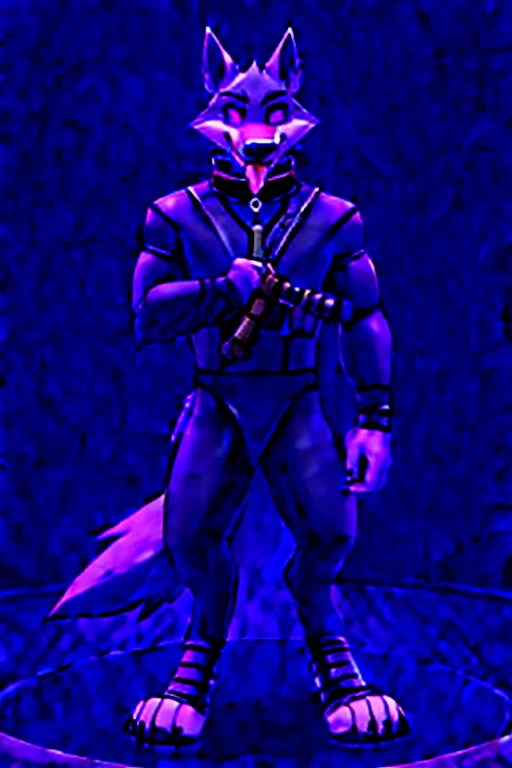 Death wolf hellhound standing, tongue out, using a gray latex suit, and a black techno collar, hypnotized with glowing purple eyes without iris or pupils, tongue out, full body image, carrying a futuristic rifle in his hands, laboratory background