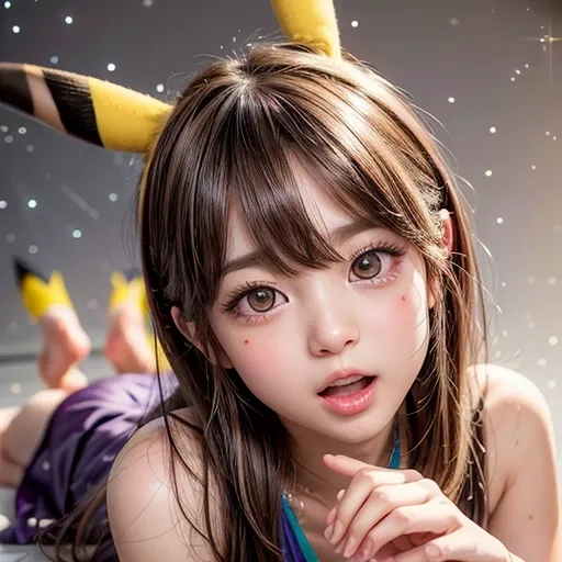 NSFW, 8k, High-level, absurd, masterpiece, best quality, primitive, very detailed CG, very detailed wallpaper, perfect lighting, Extremely detailed (((The personification of "Pikachu"))), MysticSight, Tyndall effect, Tyndall scattering, (Studio gray backgr...