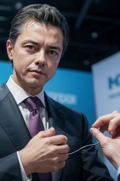 President Enrique Peña Nieto shaking hands with artificial intelligence in the background 