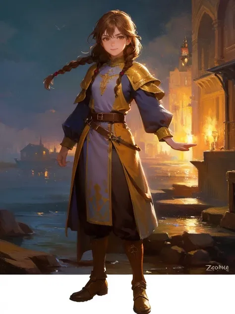 masterpiece, best quality, rpg character art, epic fantasy art style, 1 girl, Lily, 11 year old girl, kid, determined and excited demeaner, dynamic pose, ready for adventure, full body fantasy concept art, caramel brown hair in 2 long braids, brown eyes, f...