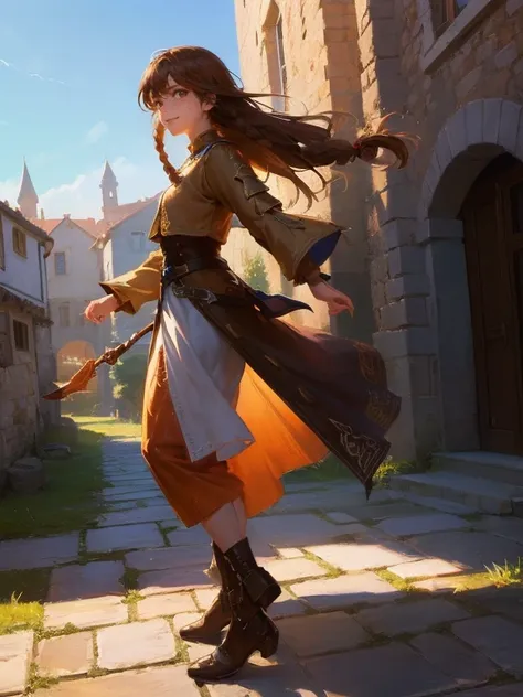 masterpiece, best quality, rpg character art, epic fantasy art style, 1 girl, Lily, 11 year old girl, kid, determined and excited demeaner, dynamic pose, ready for adventure, full body fantasy concept art, caramel brown hair in 2 long braids, brown eyes, f...