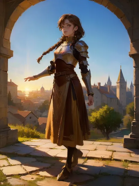 masterpiece, best quality, rpg character art, epic fantasy art style, 1 girl, Lily, 11 year old girl, kid, determined and serious demeaner, dynamic pose, ready for battle, full body fantasy concept art, caramel brown hair in 2 long braids, brown eyes, frec...