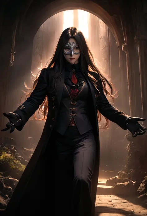 a medieval vampire wearing a vintage black tuxedo, black pants and a black overcoat, long hair and shaved on the side, wearing black gloves, with an RPG style assassin mask, intricate details, dark and moody atmosphere, dramatic lighting, cinematic composi...