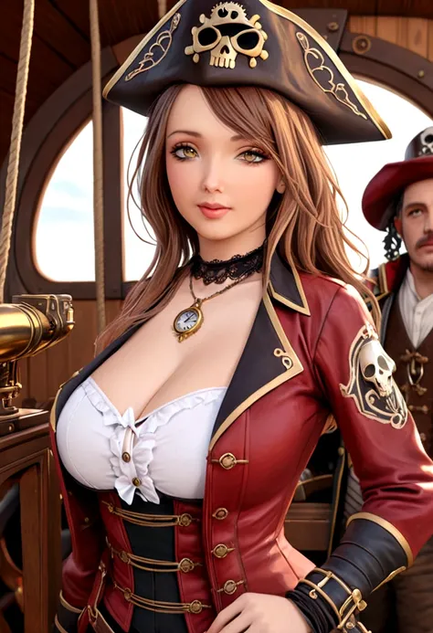 a cute woman sky pirate, sexy over exposed pirate outfit, sword pistol at side, pirate hat, red themed steampunk airship, crew, best quality, 4k, 8k, highres, masterpiece:1.2, ultra-detailed, realistic, photorealistic, photo-realistic:1.37, HDR, UHD, studi...