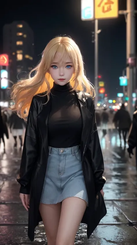 A young woman from the city, with blond hair and bright blue eyes, is walking through the streets, surrounded by a lively and pulsating city. The night is dark, but the light of the citys neons illuminates your face, creating a dramatic contrast with the d...