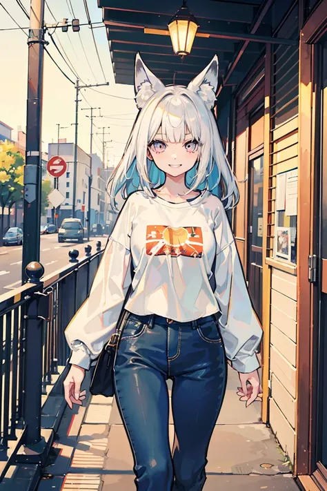 (1 girl), (Fox Girl), beast耳, (super high quality), masterpiece, Cowboy Shot,(Walk to the right), White and gold gradient hair, White skin, wild, beast, Casual Scene, Relaxed atmosphere, (Mature fashion), She is wearing fashionable clothes, sun&#39;The S l...