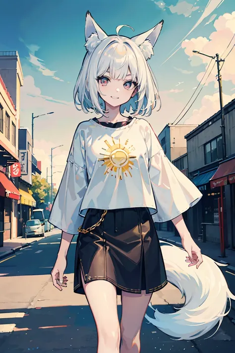 (1 girl), (Fox Girl), beast耳, (super high quality), masterpiece, Cowboy Shot,(Walk to the right), White and gold gradient hair, White skin, wild, beast, Casual Scene, Relaxed atmosphere, (Mature fashion), She is wearing fashionable clothes, sun&#39;The S l...