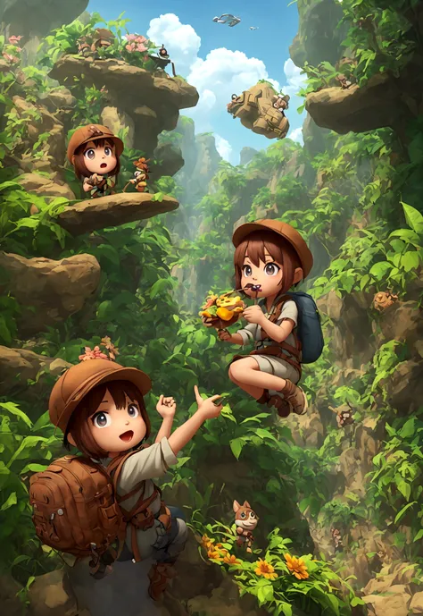 Character sheet of a cartoon character in a hat and backpack, female explorer mini cute girl, eating the food in the wilderness, flower jungle, animation style rendering, cute 3 D rendering, small characters. Unreal Engine 5, stylized anime, cute detailed ...