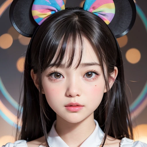 NSFW, 8k, High-level, absurd, masterpiece, best quality, primitive, very detailed CG, very detailed wallpaper, perfect lighting, Extremely detailed (((The personifying " Minnie Mouse " as a Little Girl))), MysticSight, Tyndall effect, Tyndall scattering, S...