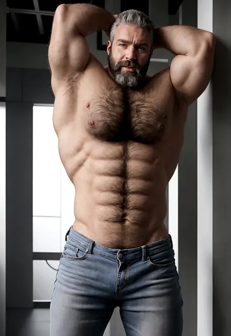 Hyper realistic photo of a hairy alpha male silverfox in his thirties, blue eyes, silver grey hair, licking his own biceps, heavy hairy body hair, hairy armpits, shirtless, broad and massive shoulders, hairy massive pecs, hairy massive hard abs, bodybuilde...