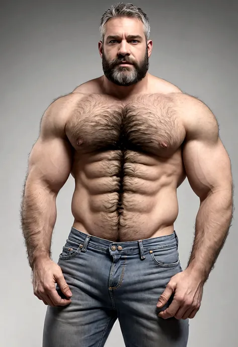 Hyper realistic photo of a hairy alpha male silverfox in his thirties, blue eyes, silver grey hair, licking his own biceps, heavy hairy body hair, hairy armpits, shirtless, broad and massive shoulders, hairy massive pecs, hairy massive hard abs, bodybuilde...