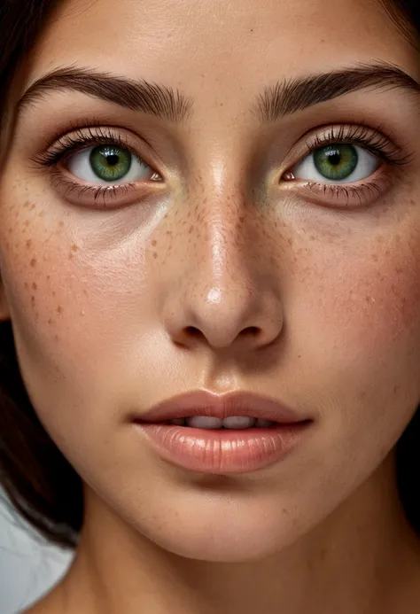 A typical Latina brunette woman with green eyes and a light freckle on her nose, fine and harmonious facial features, we must see everything about her body