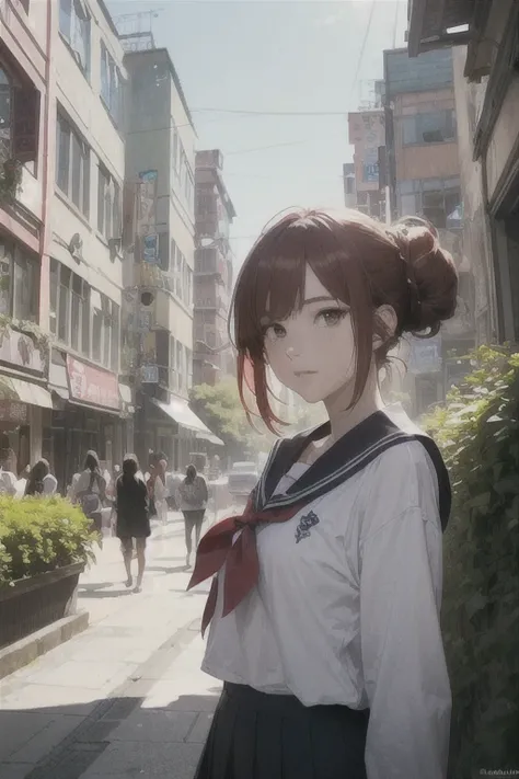 female (18 years old, red hair in a bun with loose strands framing the face, large expressive brown eyes, anime-style facial features, smooth pale skin, wearing a sailor-style school uniform) is standing in a vibrant cityscape, (colorful street art on the ...