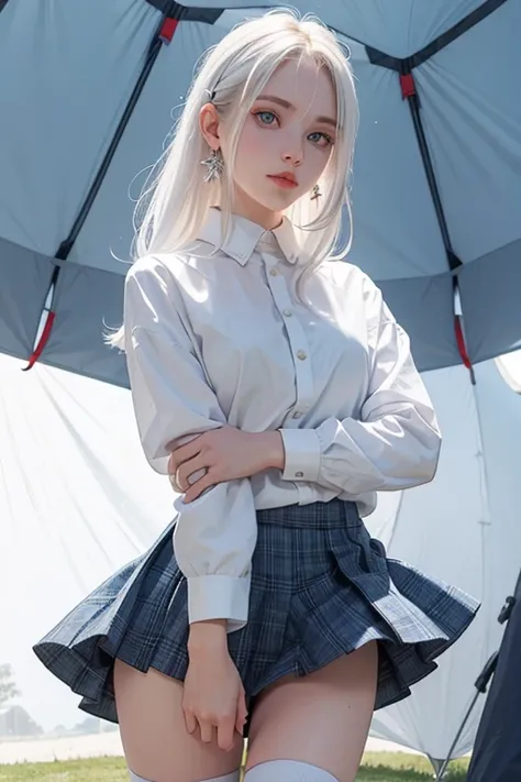 A girl wearing skirt, high sock, white hair, blue eyes, inside tent background, cozy shirt