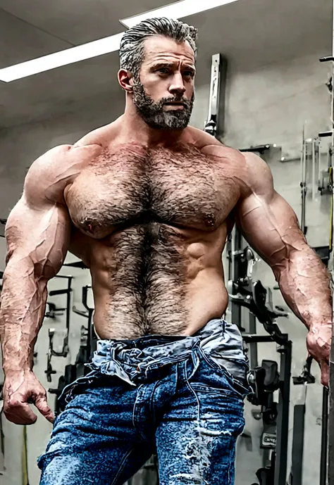 Hyper realistic photo of a hairy alpha male silverfox in his thirties, blue eyes, silver grey hair, licking his own biceps, heavy hairy body hair, hairy armpits, shirtless, broad and massive shoulders, hairy massive pecs, hairy massive hard abs, bodybuilde...