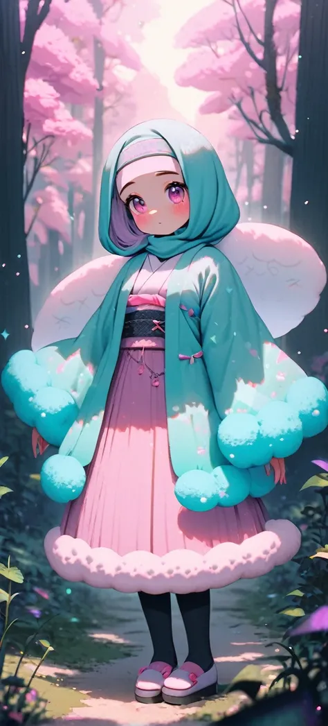  , change, Fluffy outfit , 
1 Girl, kimono,  , Full Body Love, hijab,
  Kawaiitech, Soft colors, Kawaii, Lovely colors,forest, glowing, muslimah outfit