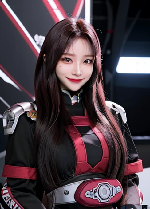 armoured girl, realistic, long hair, maroon black robotics, smile,