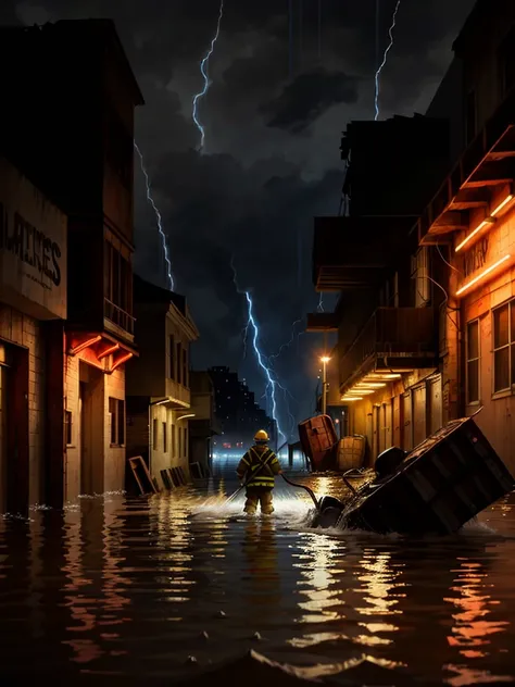 (Fearful:1.3) A firefighter,yellow hardhat，Red life jacket，life raft，dangers，resistors，downpours，salama，From behind, Run-down town，natta，Light in the night，In the ruins,floods，downpours，save，grieves，Rainy weather，City lights reflect damp parts