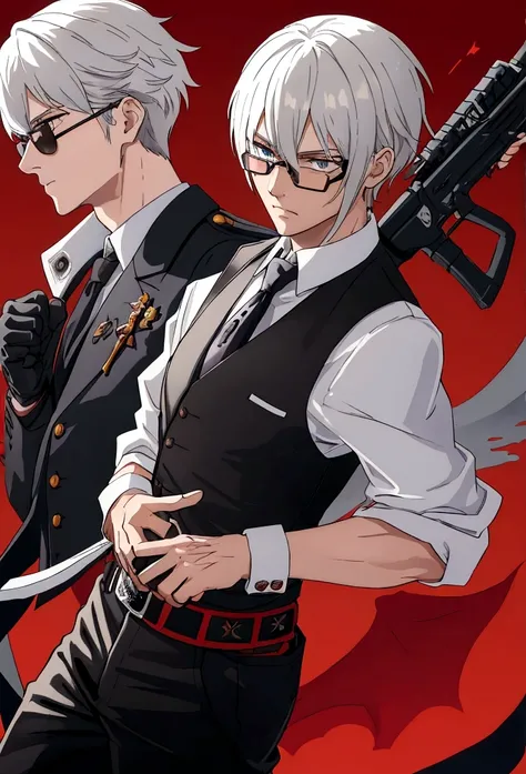 una gabardina gris como la de dante de devil man cry, black pants black vest white shirt a gun belt with his two favorite weapons pair of intimidating and high-powered semi-automatic pistols called 454 Casull and Jackal how about the weapons on the sides s...