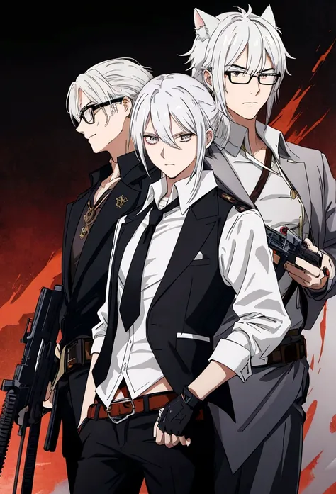 una gabardina gris como la de dante de devil man cry, black pants black vest white shirt a gun belt with his two favorite weapons pair of intimidating and high-powered semi-automatic pistols called 454 Casull and Jackal how about the weapons on the sides s...