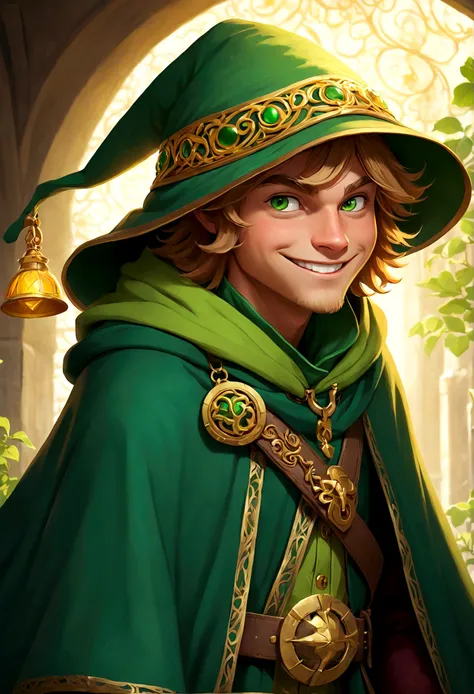 Jax is a charming, adventurous guy with a mischievous grin. He wears a bright green hat and a matching cloak with a golden clasp.