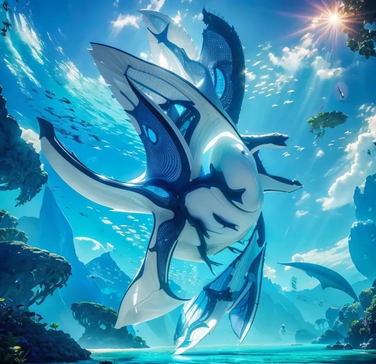 A giant manta, white with blue fluorescent designs in the back, with 6 wings, photorealistic, 8k, uhd, masterpiece, in a underground sea of nitorgen