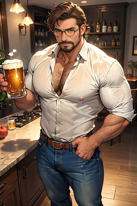 Middle-aged man, masculine face, light brown eyes, short, wavy brown hair, drunken expression, with a mustache and no beard, muscular and very hairy body, huge hairy chest, huge biceps, oily and shiny skin. He is holding a mug of beer in his right hand, we...