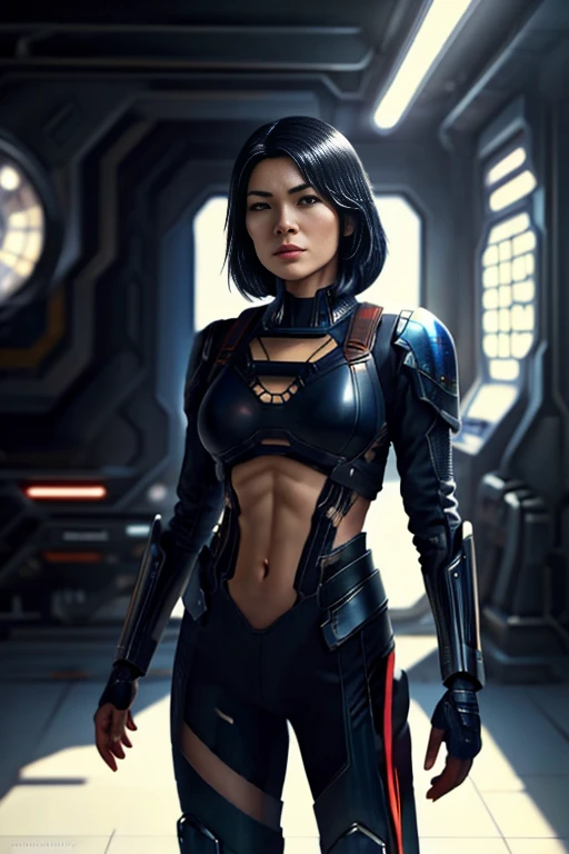 midbody photo of the most beautiful artwork in the world featuring [gorgeous asian female humanoid|cyborg:0.3], spaceship location, working environment, rugged harsh situation woman(sharp face:1.2) worker, full body 8k unity render, action shot, skin pores...