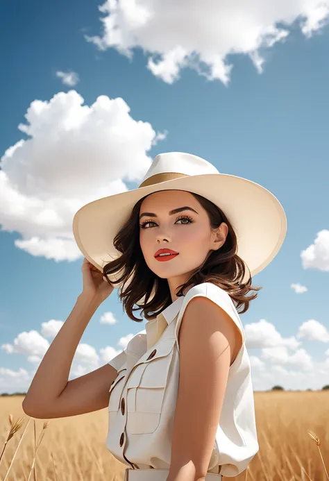 woman in white hat, estilo safari, plano retro branco e campo aberto no fundo, Dia ensolarado, medium shot, foto de alta qualidade.