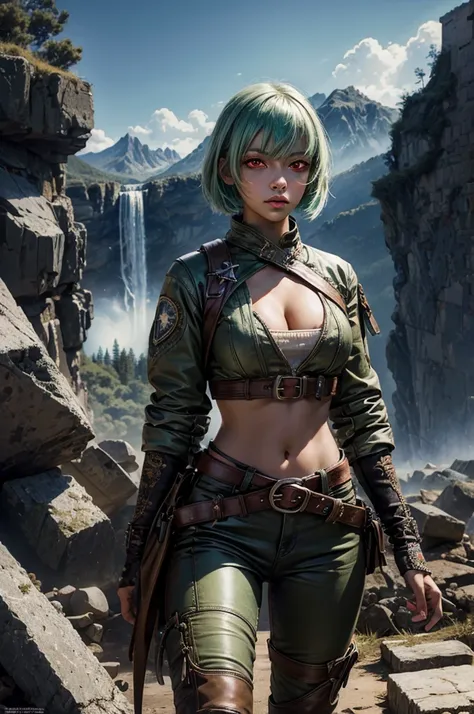 emeraldsustrai, emerald sustrai, short hair, (red eyes:1.5), green hair, dark skin, dark-skinned female, BREAK navel, cleavage, midriff, belt, cleavage cutout, chaps,  BREAK sitting in city ruins on hill, in valley, BREAK mountains in background, waterfall...