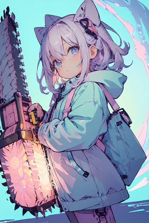 (Cute illustration:1.5),(pastel color:1.5),(Cute,kawaii,Dolce:1.2),(watercolor paiting:1.1),
1girl in,Solo,
oversized hooded jacket,
Full body,open stance,
BREAK
(Glowing Chainsaw:1.3)
(In his hands is a huge chainsaw:1.6),
(Huge and cute weapons , Huge an...