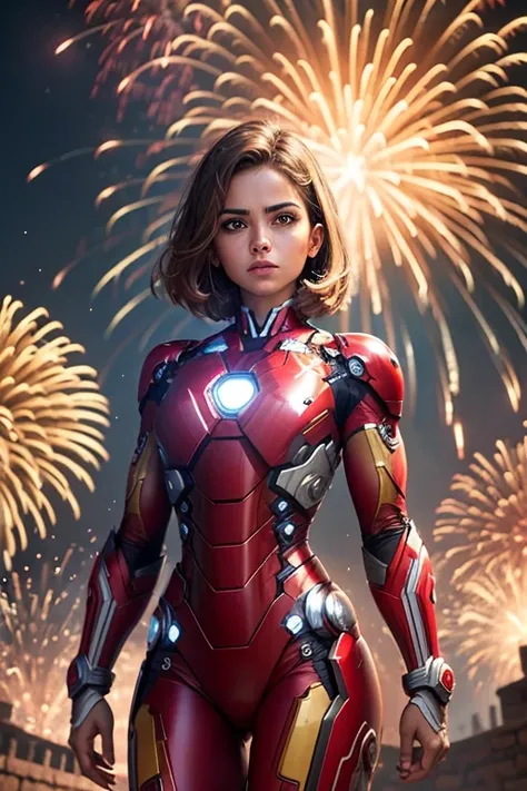 Brazilian iron man with ruler haircut using juliet posing in a big explosion with fireworks everywhere 