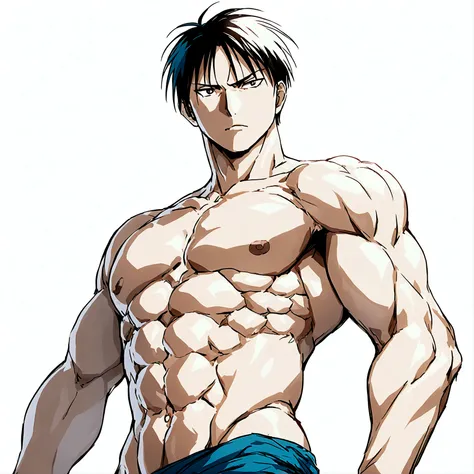 Roy Mustang from Full Metal Alchemist, shirtless, muscular, wearing blue triangular underwear