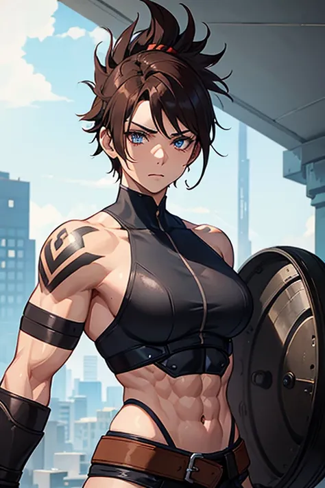 Short Brown mohawk hair, blue eyes, face scars, bad batch black and red colored clone armor, buff, muscular, fit with equipment, tattoos, woman