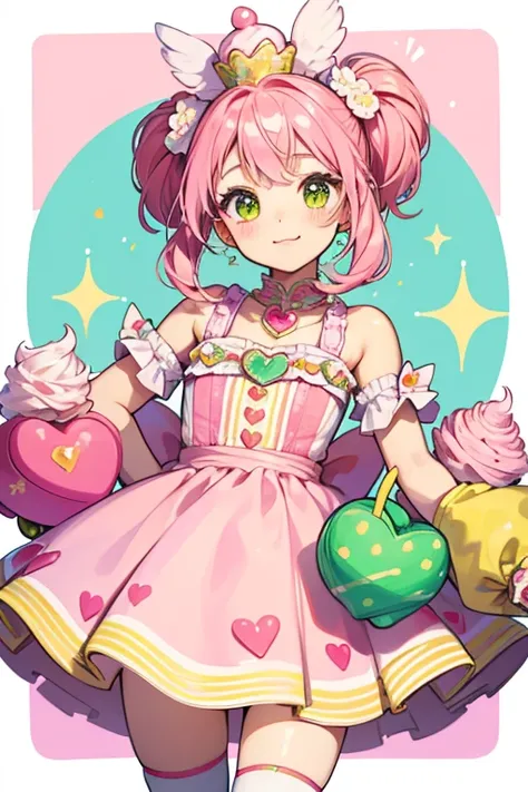 Putchicaketchi resembles a cupcake. She has small legs, pink icing for hair, and three heart decorations: one pink, one green and one yellow. She also has a large cherry at the top of her head. SPARKLE; GLITTER