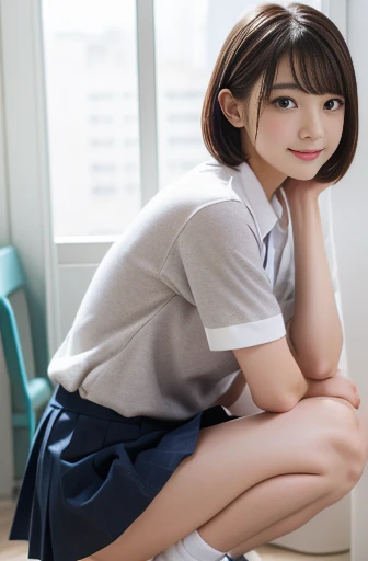 (Browsing Caution:0.99)、Beautiful girl, (Skirt flip), looking at the camera, Angle from below, Short skirt, squat, A shy smile, Japanese  , Beautiful Skin, ((highest quality, 16K, masterpiece: 1.3)), 1 girl, Light on the face, Ultra detailed face, Highly d...