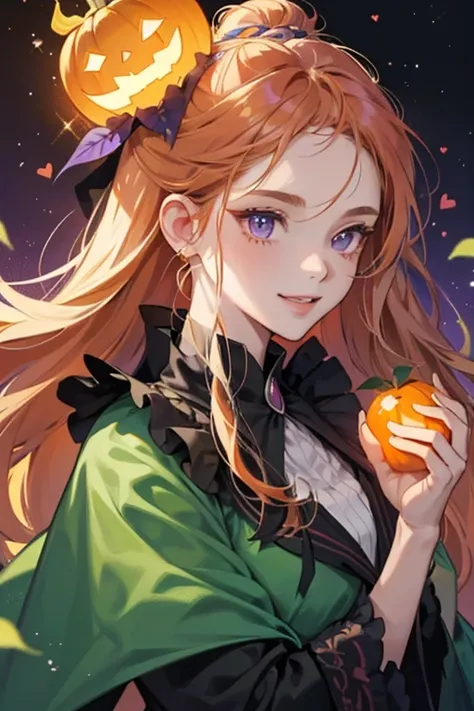 she head resembles a Jack-o-lantern. sHe has a ghost-like orange body, and has a green leaf and single long curl of hair on top of her head. sHe wears a tattered violet cape with a black collar. When happy, the leaf on her head turns into a heart.   SPARKL...